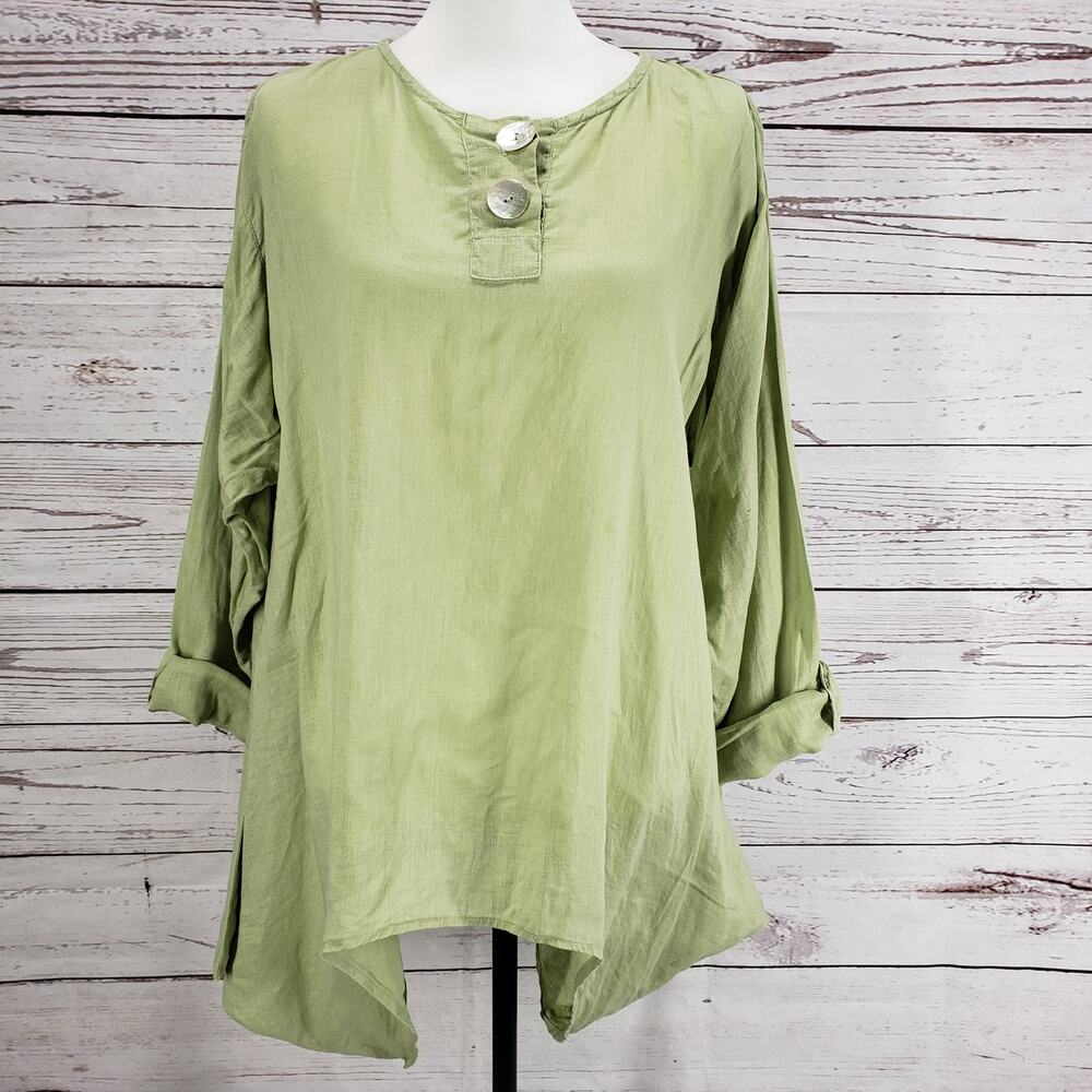 B. HADIKUSUMO Green 100%Linen Shark Bite Hem Roll Tab Sleeve Top Size XL